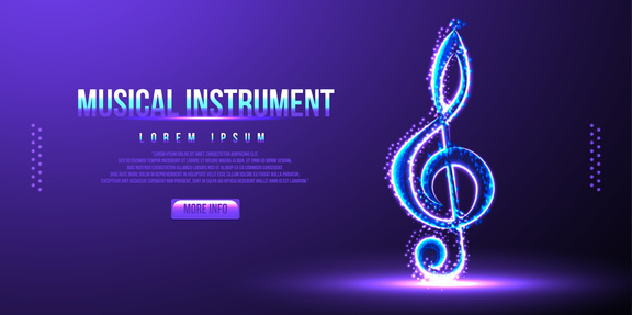 musical instrument background with glowing treble clef on purple background with space for your text ilustração